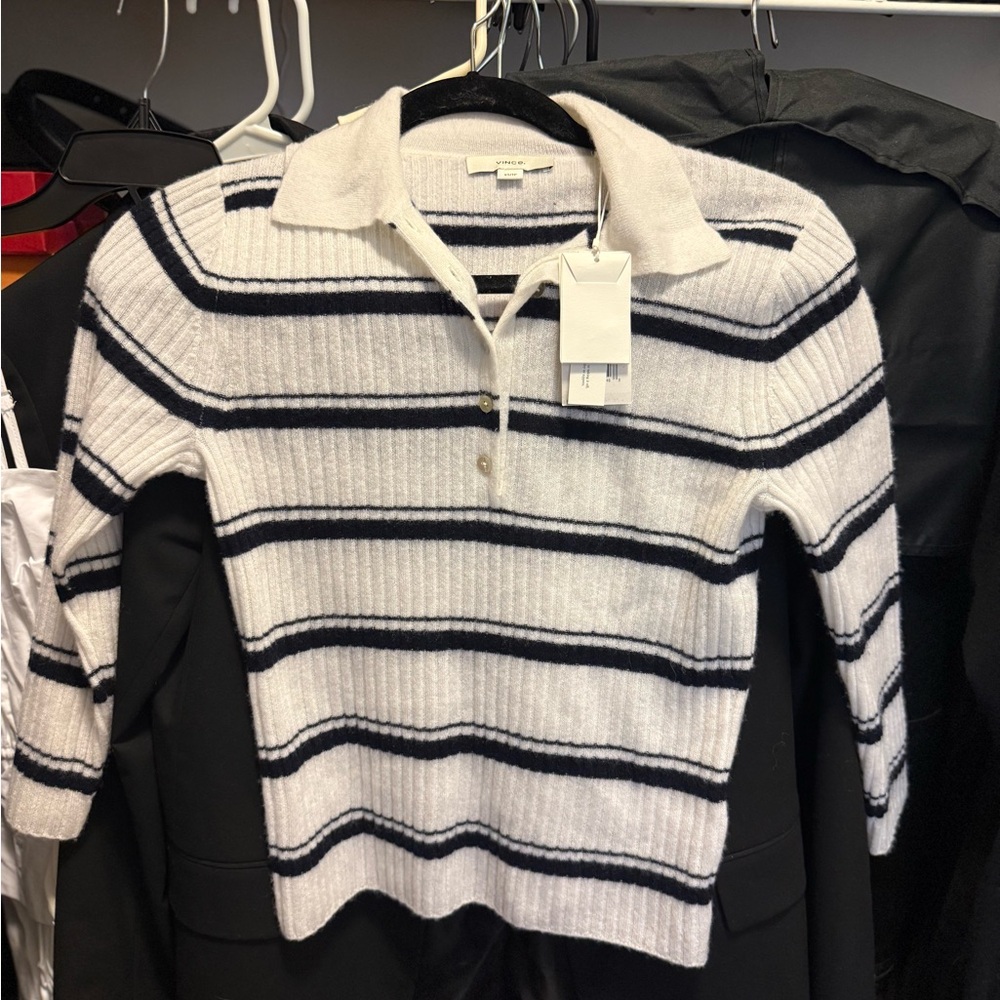 Vince Women’s Ribbed Striped Trendy Polo Collared Knit Sweater - NWT XS